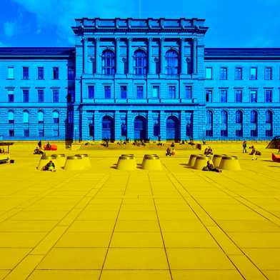 View of the ETH main building in blue and yellow