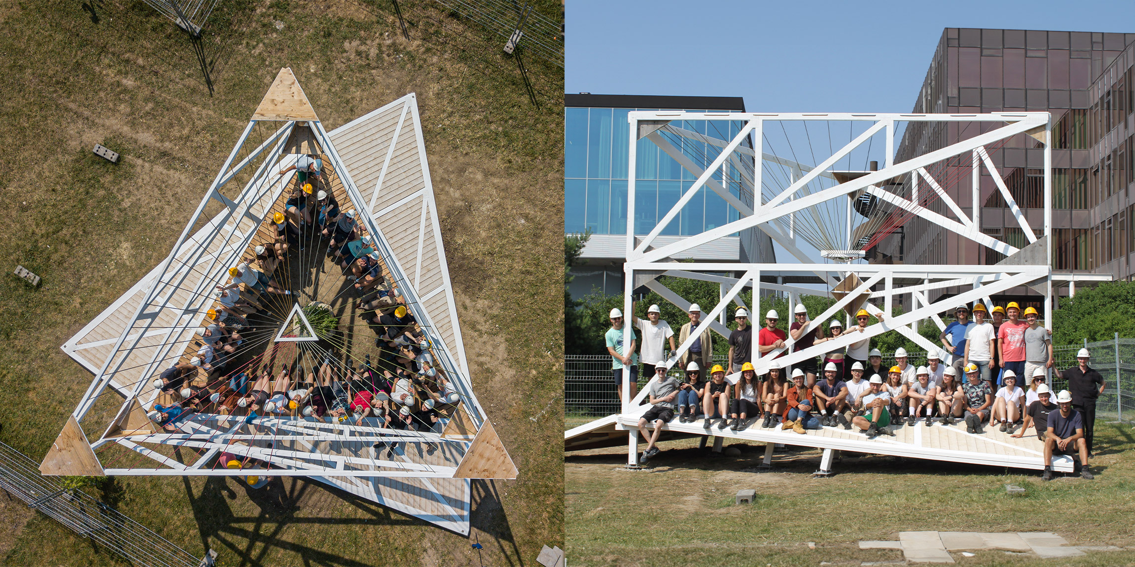 Bird's eye view of the pavilion (left) and from the front (right). The team is gathered round. 