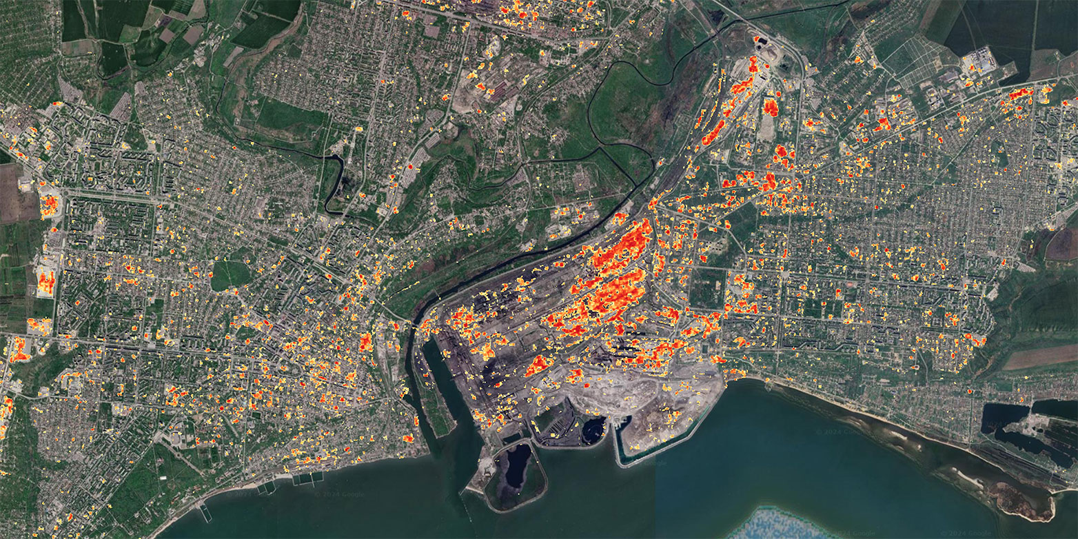 A satellite image shows fields of debris in the Mariupol bar in Ukraine.