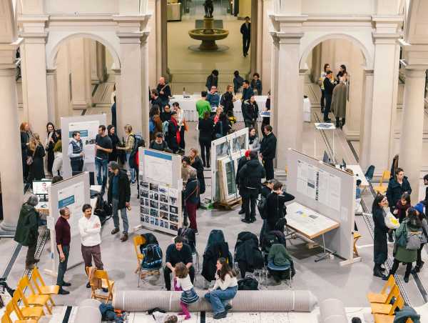 Exhibition in the ETH main hall with some visitors