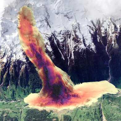 A 3D simulation of the collapse of the Blatten glacier, the mass is most powerful in the centre and the mass accumulates mainly in the valley.