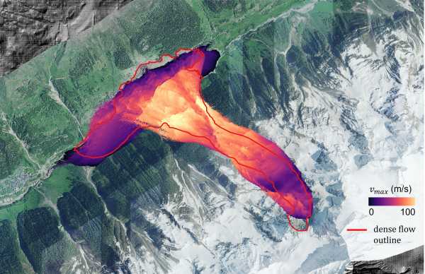 A 3D simulation of glacier collapse, with the highest speeds in the centre.