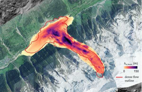 A 3D simulation for the height of the mass of the glacier collapse. The height is highest at the edges and in the upper parts of the Gletsher