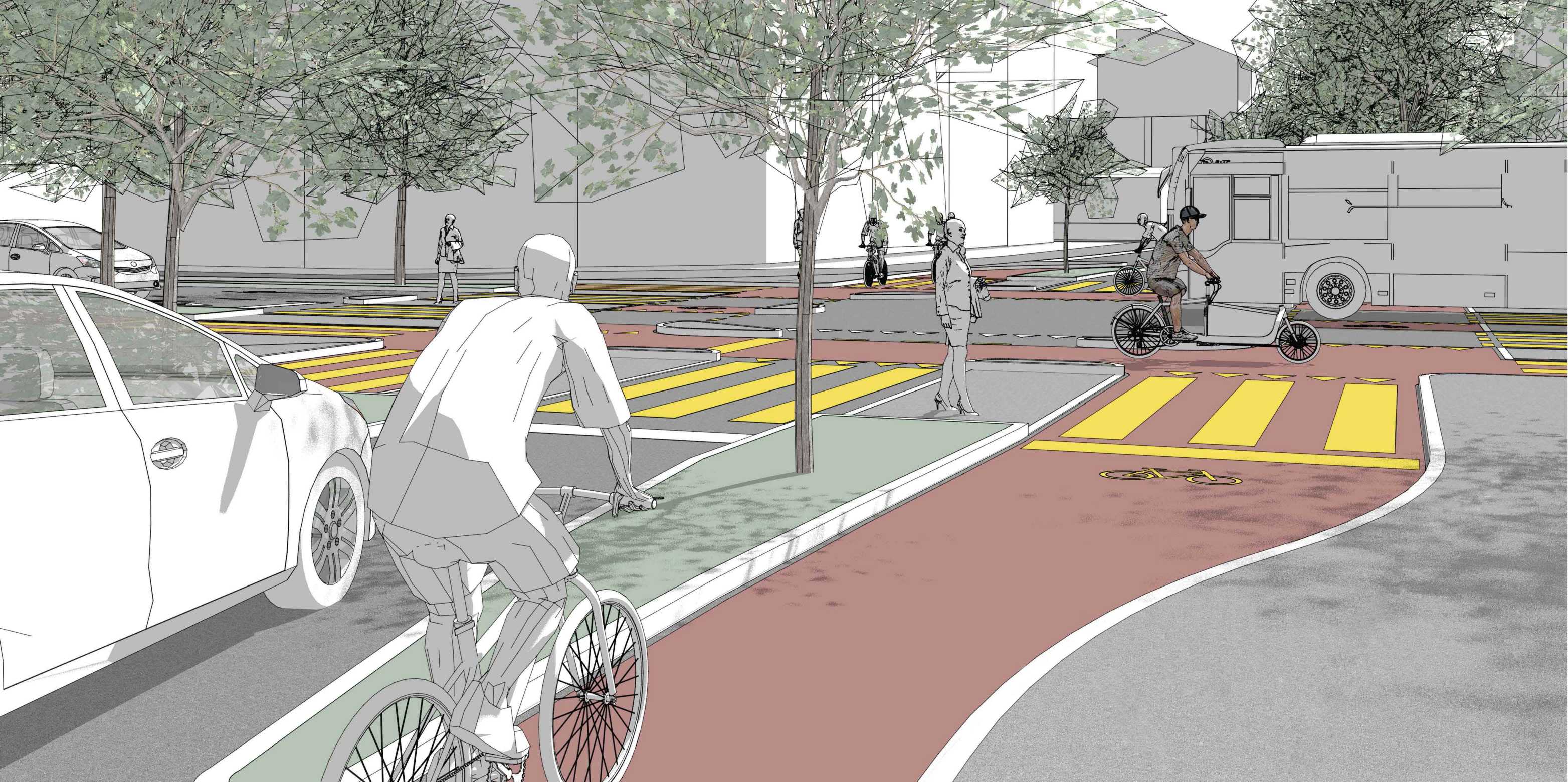 Illustration von möglicher Strassenkreuzung, die für E-Bike-Fahrer optimiert ist