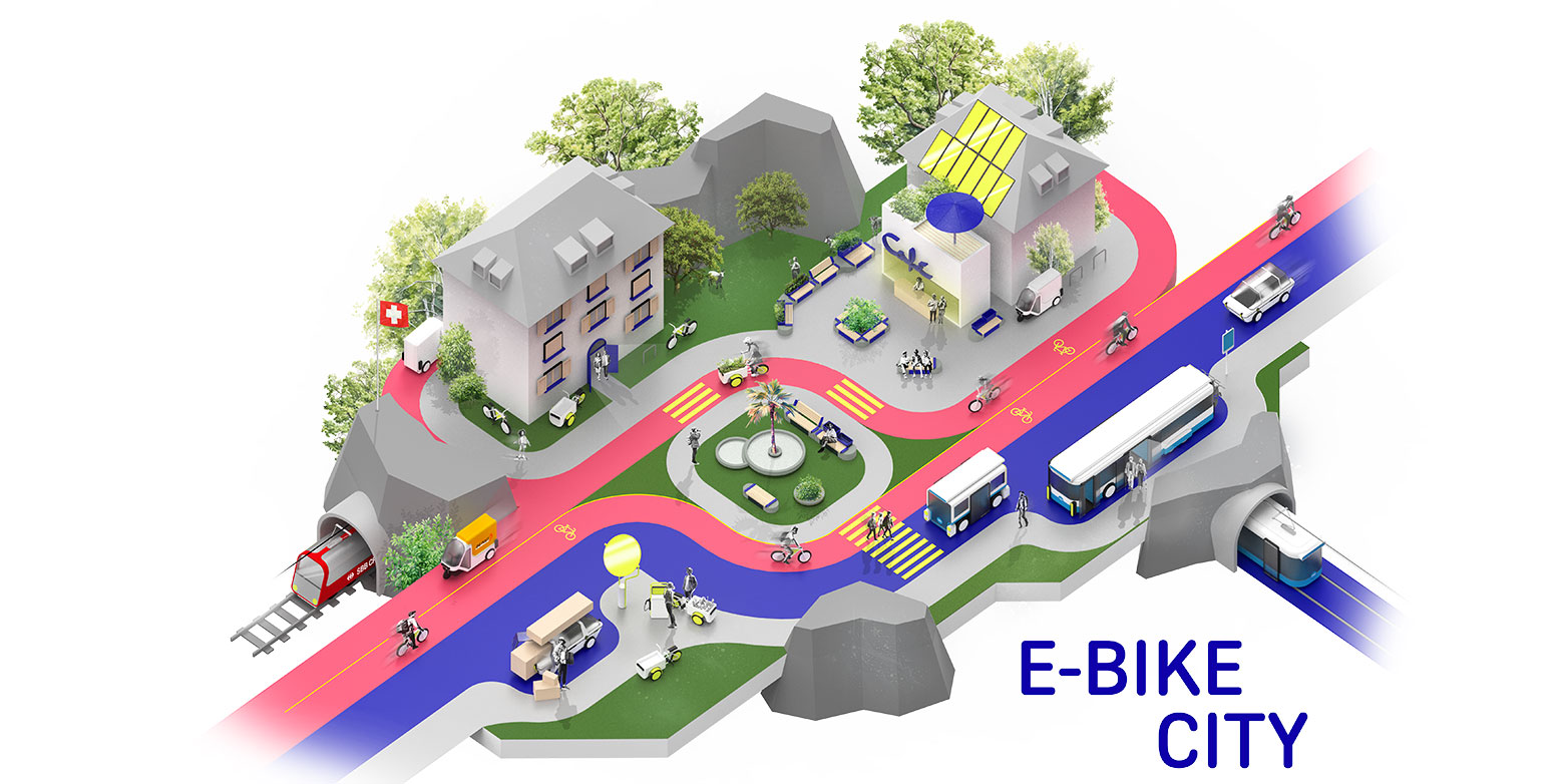 Vergrösserte Ansicht: Das Symbolbild der E-Bike-City zeigt ein paar Häuser sowie eine blaune Einbahnstrasse für Autos und ÖV sowie eine rote Doppelfahrspur für Räder und E-Bikes.