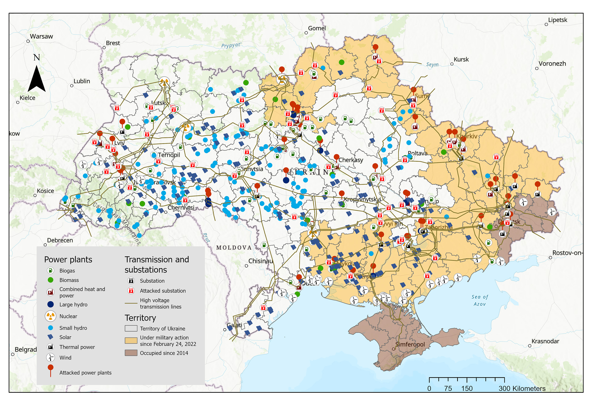 Vergrösserte Ansicht: Karte der Ukraine auf welcher Kraftwerke, Übertragungs- und Umspannwerke sowie die aktuellen Kriegsterritorien eingezeichnet sind.