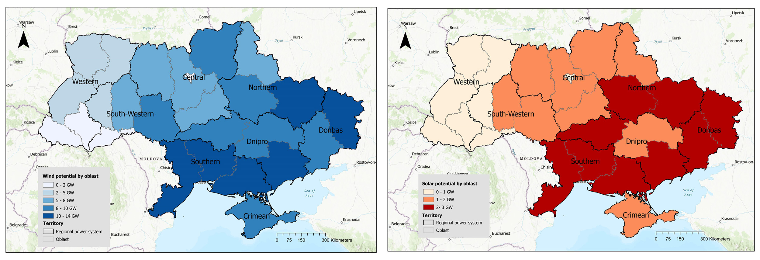 Vergrösserte Ansicht: Zwei Karten nebeneinander, die Karte links (blau) zeigt die Schätzungen des Potentials für Windenergie für jede Region der Ukraine. Die Karte rechts (rot) zeigt die Schätzungen des Potentials für Solarenergie für jede Region in der Ukraine.