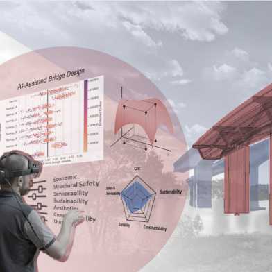 Visualisierung, wie eine person mit einer Virtual Reality Brille eine modellierte Brücke plant