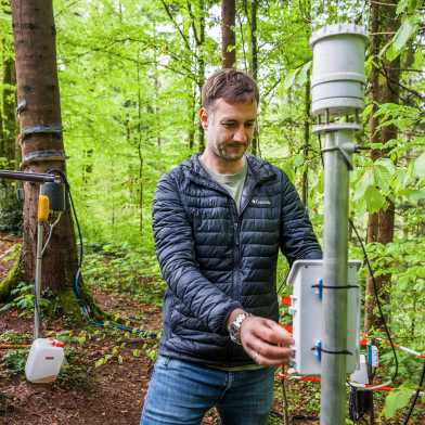 Dieses Bild zeigt ein Forscher im Wald an einem Messinstrument