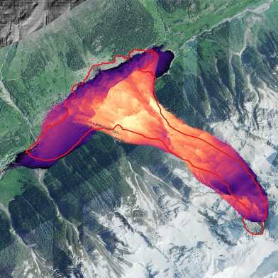 Eine 3D Simulation des Abbruch des Blattengletschers, in der Mitte ist die Masse am mächtigsten und die Masse sammelt sich vorallem im Tal.